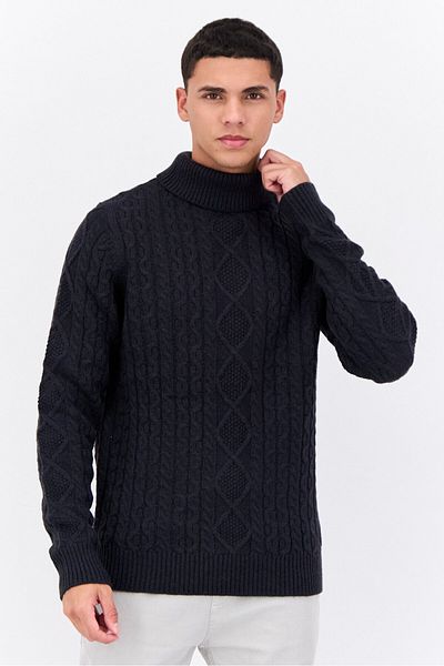 French Connection Men Turtle Neck Long Sleeves Cable Knit Sweater, Navy