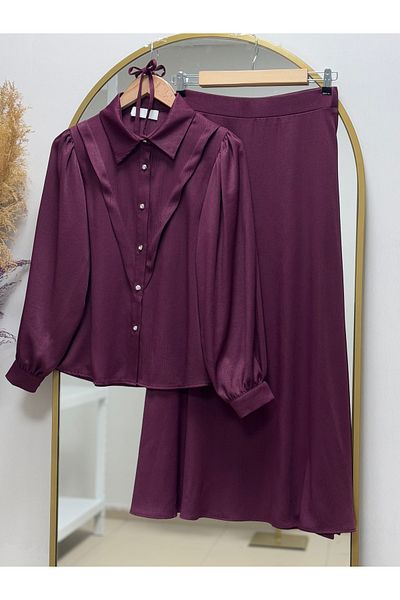 Ebrar Store Σετ υφασμάτινη φούστα Nesli Kupra-ET2485 Claret Red