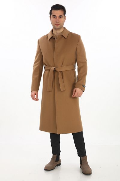 ŞAN GİYİM Men's Brown Baby Collar Belted Long Coat