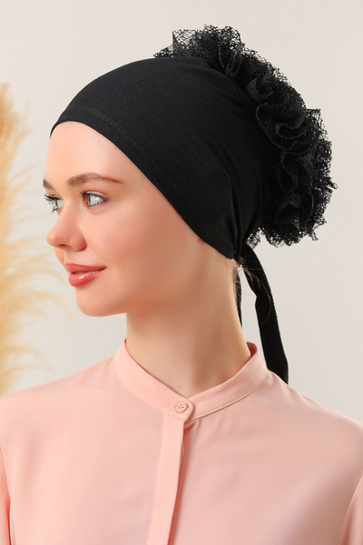 Melodi Scarf 5-Piece Black Hijab - Ruffled and Stitched Bonnet
