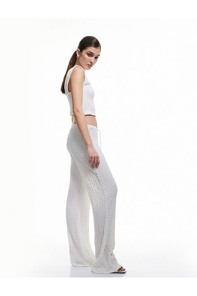 Koton Textured Wide Straight Leg Trousers with Tie Waist