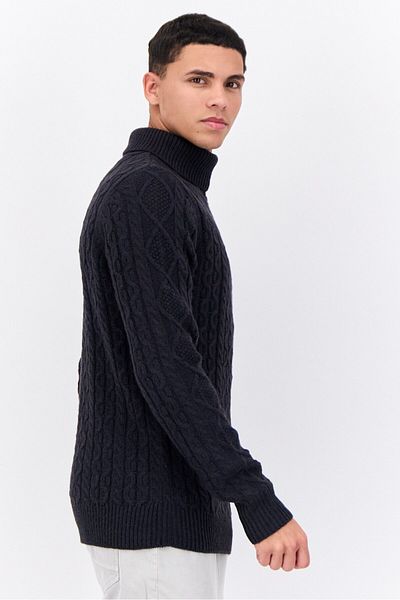 French Connection Men Turtle Neck Long Sleeves Cable Knit Sweater, Navy