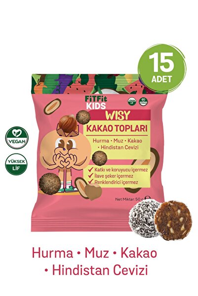 FitFit Kids Wisy Kakao Topları | Doğal Hurma-Muz-Kakao Atıştırmalığı, Vegan, Katkısız, Şekersiz 50 gr x 15