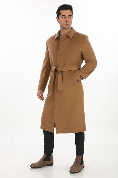 ŞAN GİYİM Men's Brown Baby Collar Belted Long Coat
