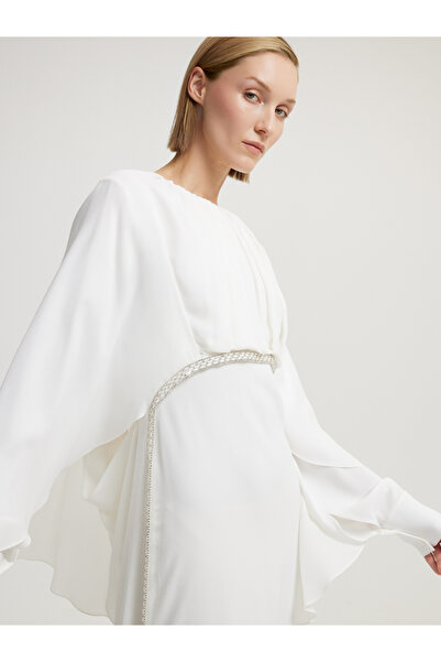 BAQA Boncuk İşleme Kemerli Beyaz Elbise