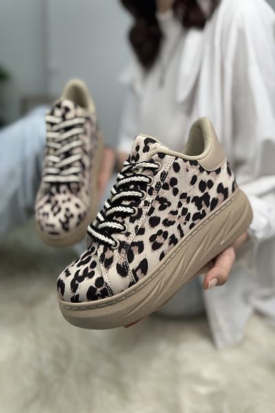 Nstil Dámské tenisky s leopardím vzorem na šněrování na vysokém tlustém podpatku – oválná špička 313