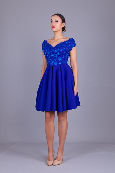 Bidoluelbise Sax Boat Neck Floral Tulle Detail Mini Length Evening Dress