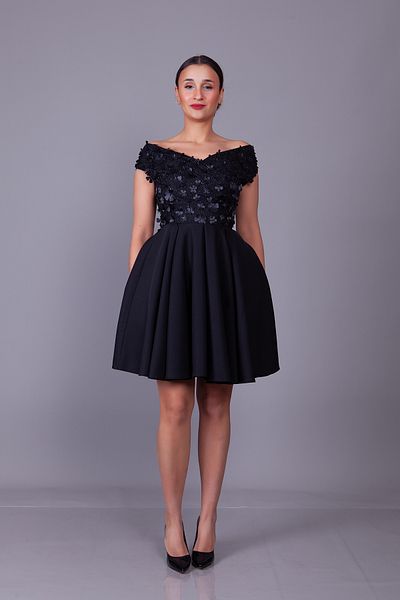 Bidoluelbise Black Boat Neck Floral Tulle Detail Mini Length Evening Dress