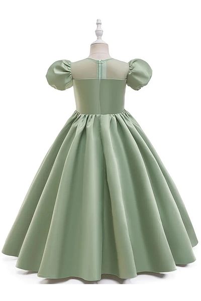 miço kids Round Neck Solid Color Girl's Princess Evening Dress with Beading Detail