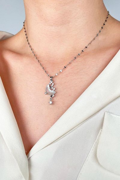 Sose Moda Moon Star Zircon Stone Steel Necklace - Silver