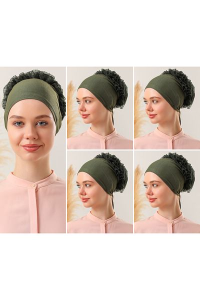 Melodi Scarf Μαντίλι 5 τεμαχίων Bone Khaki Hijab - Λεπτομέρεια βολάν και ραφής