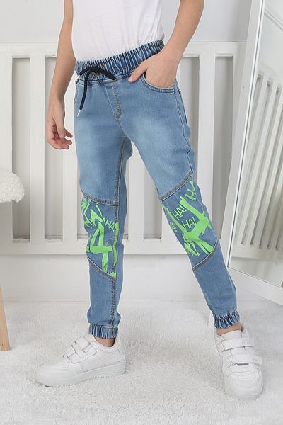 e-çocuk Green Graffiti Printed Boy's Blue Jeans