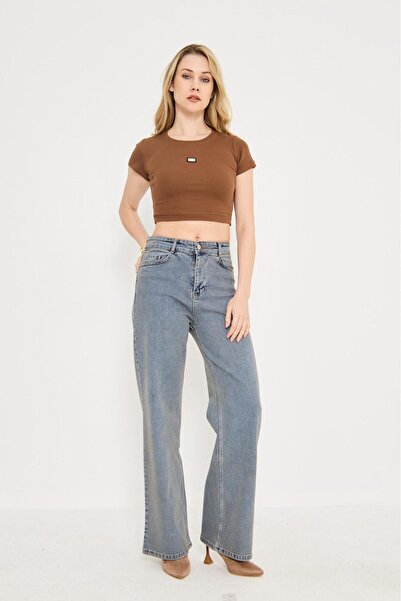 Shield Life JANGAN Lewiti Kadın Soluk Efekt Vintage Yüksek Bel Wide Leg Jeans Palazzo Pantolon