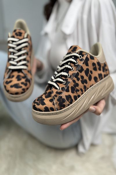 Nstil Dámské tenisky s leopardím vzorem na šněrování na vysokém tlustém podpatku – oválná špička 313
