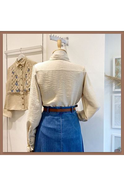 Faya Boutique Cămașă cu flori albastre cu detaliu de pulover tricotat