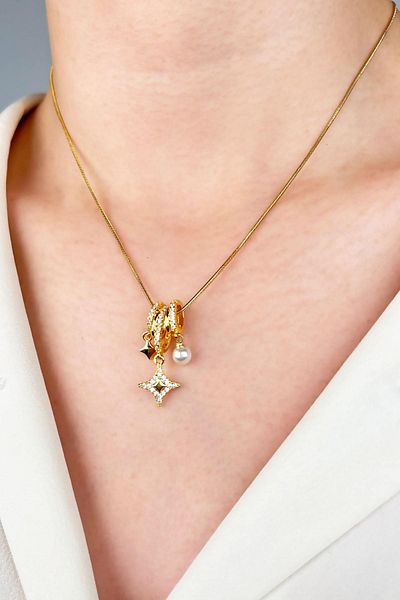 Sose Moda Charm Steel Necklace with Star and Pearl Tips - Gold