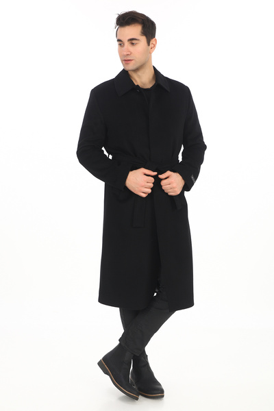 ŞAN GİYİM 1070 Erkek Siyah Bebe Yaka Kemerli Uzun Palto