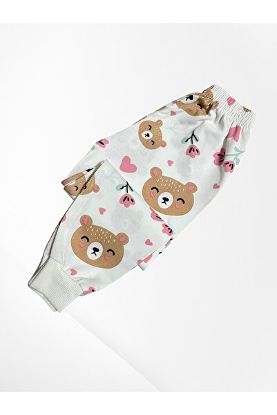 Genel Markalar Kız Çocuk %100 Pamuklu Ekru Ayıcık Kalp Çiçek Desenli Uzun Kollu Mevsimlik Pijama Takımı