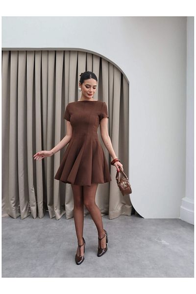 ESRAHELVACI Brown Oval Neckline Piece Dress