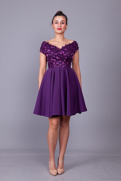 Bidoluelbise Plum Boat Neck Floral Tulle Detail Mini Length Evening Dress
