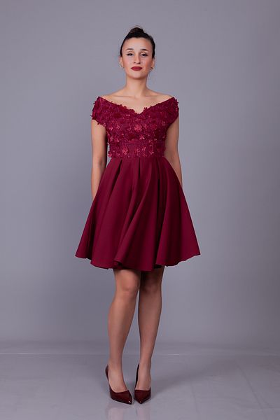 Bidoluelbise Burgundy Boat Neck Floral Tulle Detail Mini Length Evening Dress