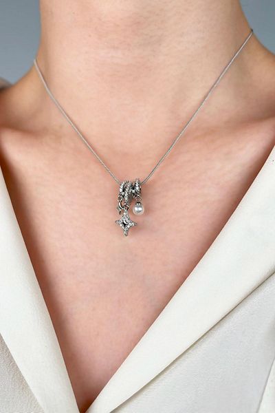 Sose Moda Charm Steel Necklace with Star and Pearl Tips - Silver