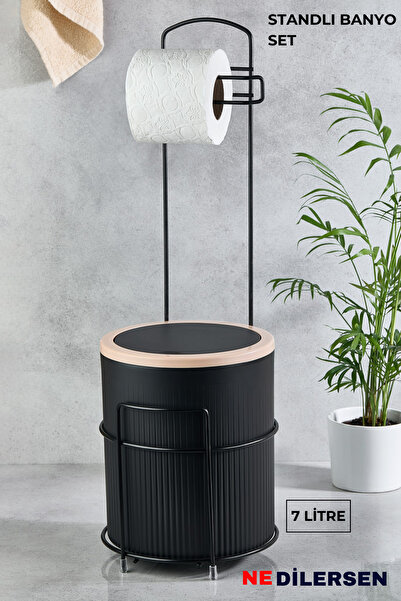 Ne Dilersen Lüks Banyo Mutfak Çöp Kovası Metal Standlı Tuvalet Wc Kağıtlık Seti