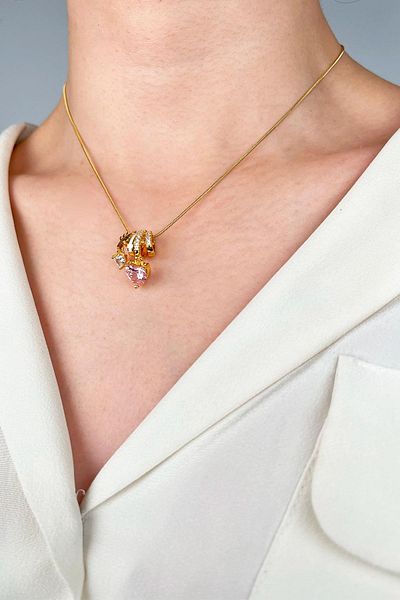 Sose Moda Pink Heart End Charm Steel Necklace - Gold