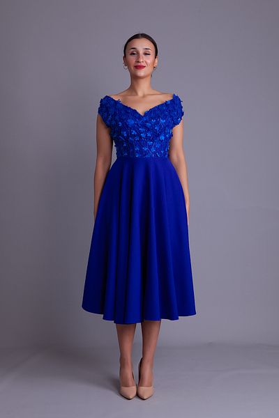 Bidoluelbise Sax Boat Neck Floral Tulle Detail Midi Length Evening Dress
