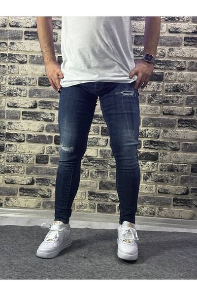 MODA Navy Blue Skinny Leg Lightweight Men's Jeans with Slit Detail