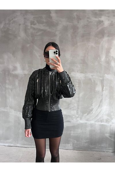 mypagebutik Women's Design Black Bomber Leather Jacket