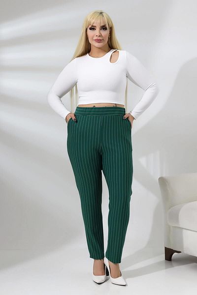 Mooi XXL Women's Green White Striped Stretchy Crepe Trousers