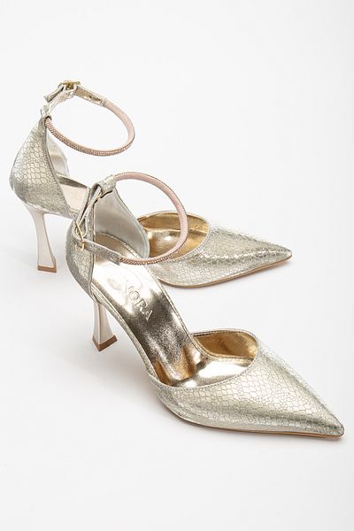 DENORA Gold Gold Ankle Strap Snake Print Evening Dress Stylish Pointed Toe Heeled Shoes
