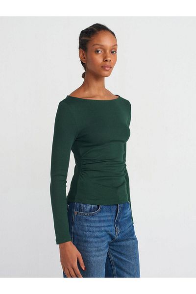 Dilvin 31401 Μαζευμένο Boat Neck Top-πράσινο