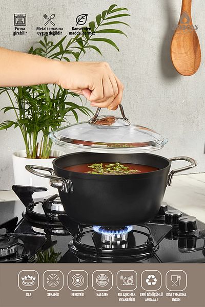Amboss Dark Deep Pot with Glass Lid Fireproof Non-Stick Titanium Coating - 20 Cm