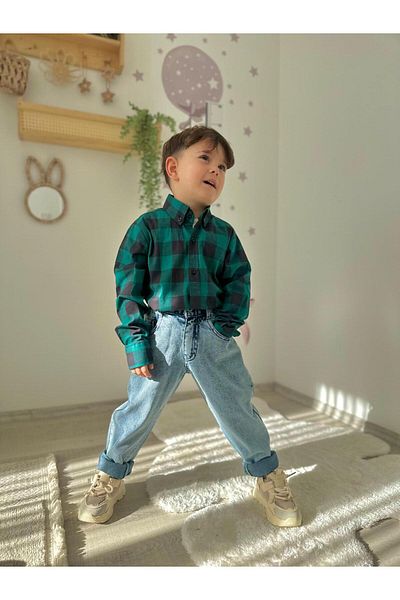 KİDSPİTİRCİK Boy's Green Checked Shirt and Trousers Suit