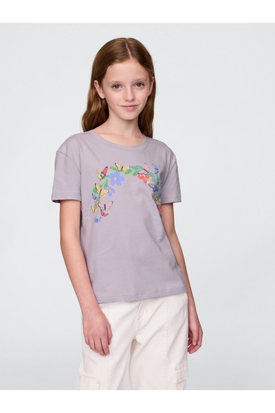 GAP Kız Çocuk Mor Relaxed Grafik T-Shirt