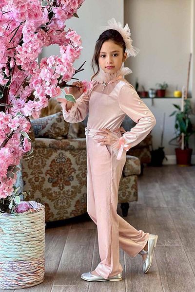 Riccotarz Girl's Sleeves Pearl Embroidered Collar Tulle Detail Square Collar Velvet Powder Jumpsuit