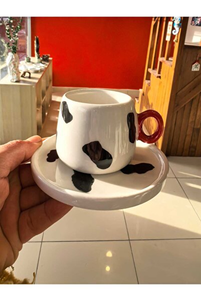 El Yapımı Seramik Kırmızı Kulplu Beyaz Üzerine Siyah Desenli Türk Kahve Fincanı , Espresso Fincanı