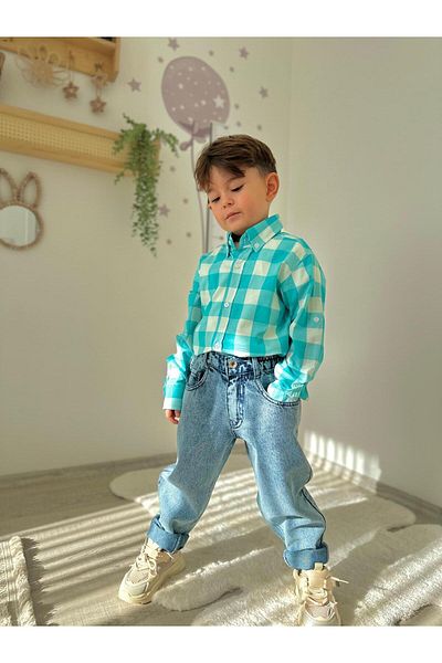 KİDSPİTİRCİK Boy's Blue Checked Shirt and Trousers Suit