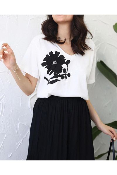 Org Marka Store Ipk Yl V-Neck Black Patterned Short Sleeve Tsh