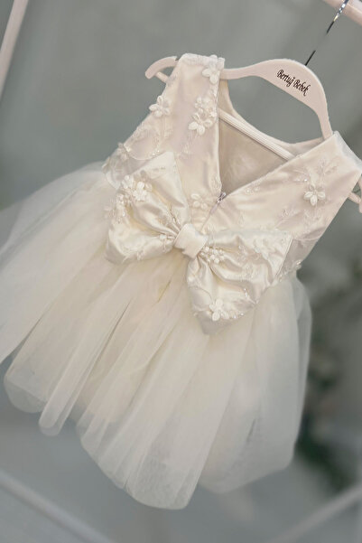 Bertuğ Bebek Güpür Çiçekli Kırık Beyaz Kız Çocuk Bebek Gelinlik Mevlüt Abiye Lara Elbise