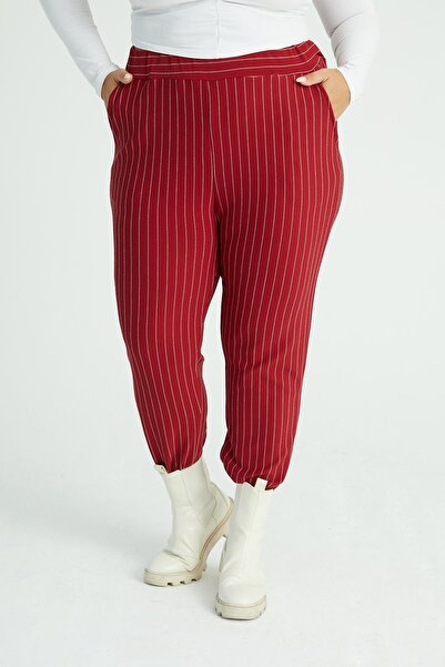 Mooi XXL Women's Burgundy White Striped Flexible Crepe Fabric Trousers