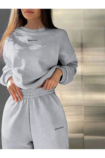 aynewmoda Set de trening pentru femei cu glugă imprimat GRAPHITE