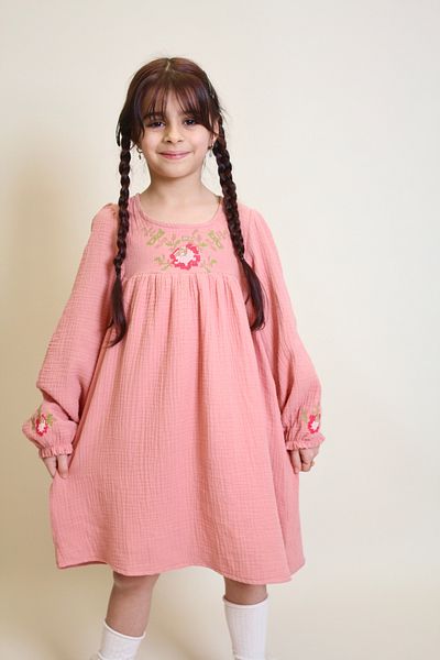 OZZY KİDS Girl's Cross Stitch Embroidered Muslin Fabric Dress