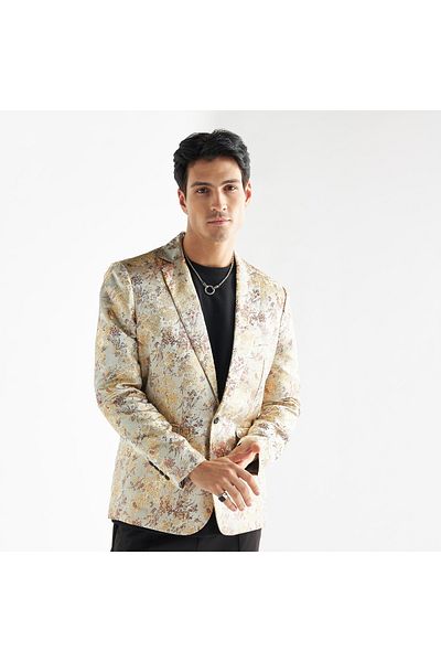 FAV All-Over Floral Embroidered Blazer with Notch Lapel and Long Sleeves