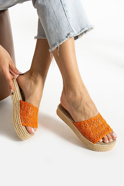 kubiano Women's Knitted Straw Wedge Heeled Orange Slippers (3cm)