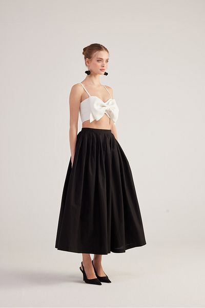 HOLLY LOLLY Black Olivia Long Skirt - Lined with Waist Belt and Pockets