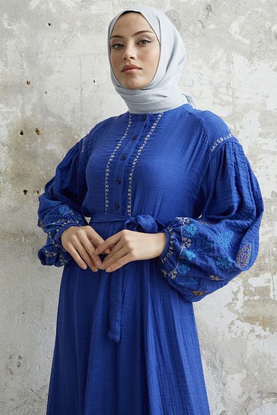 InStyle Seersucker Dress with Embroidered Sleeves - Saks Blue