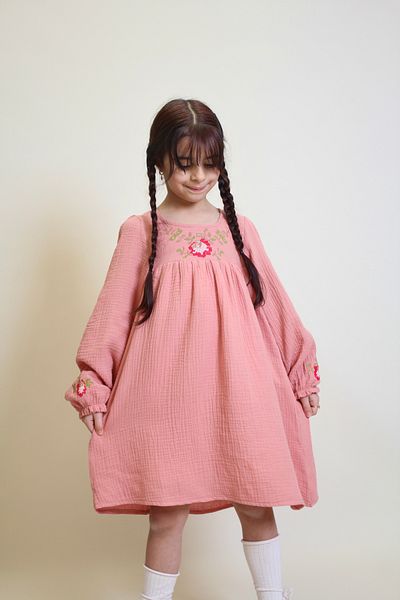 OZZY KİDS Girl's Cross Stitch Embroidered Muslin Fabric Dress